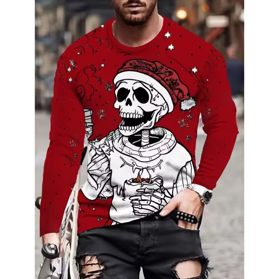 Camisetas de Poliéster Cómodas de Moda para Hombre Deportes Navidad Estampado 3D Holgadas Cuello Redondo Manga Larga Camiseta Top