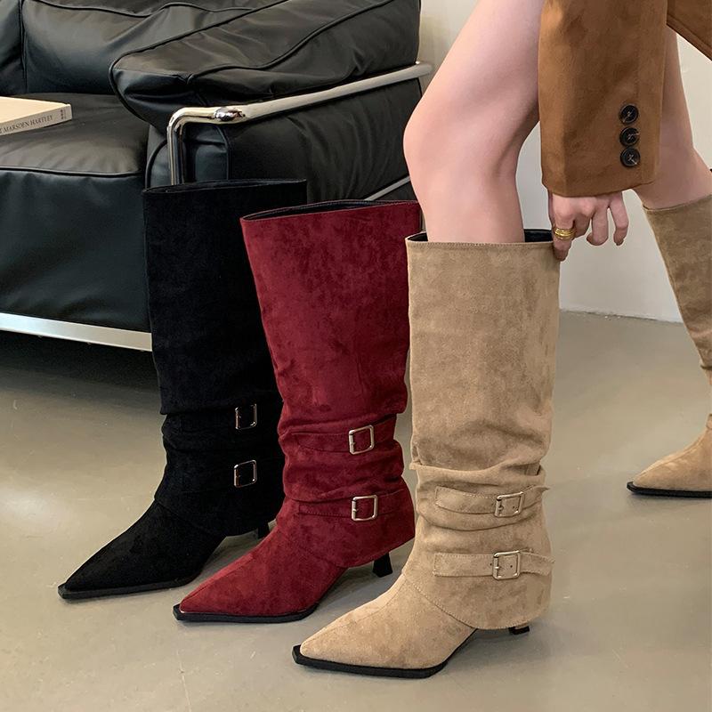 Suede pointed pleated piled boots women's 2025 autumn and winter new removable two-wear thin heel boots high heel short boots