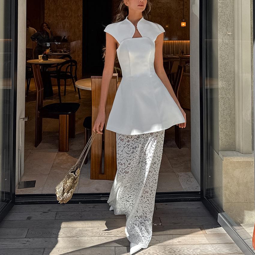 European and American new French design women's clothing set irregular tube top lace skirt two-piece set