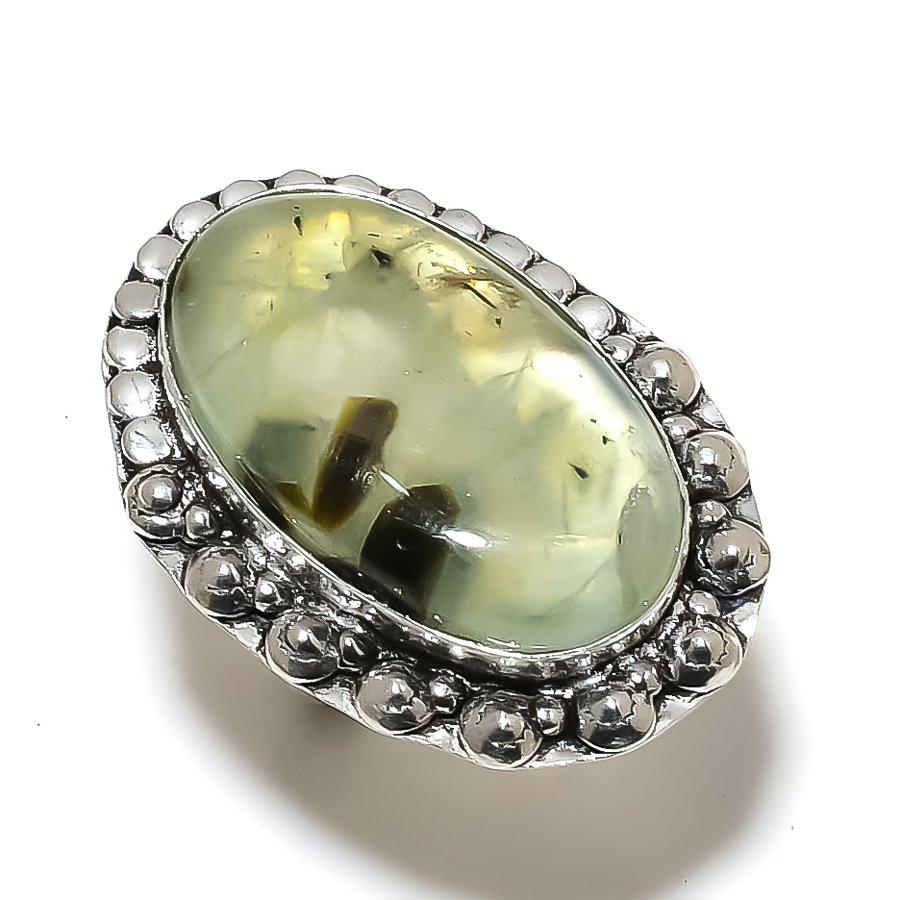 Natürlicher Prehnit Edelstein Handgefertigter 925 Sterling Silber Schmuck Ring Größe 9 d4I70