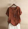 Summer Retro Solid Color Blouse Large Size Casual Loose Button Cotton and Linen Short-sleeved Pullover Round Neck T-shirt Women's Clothing