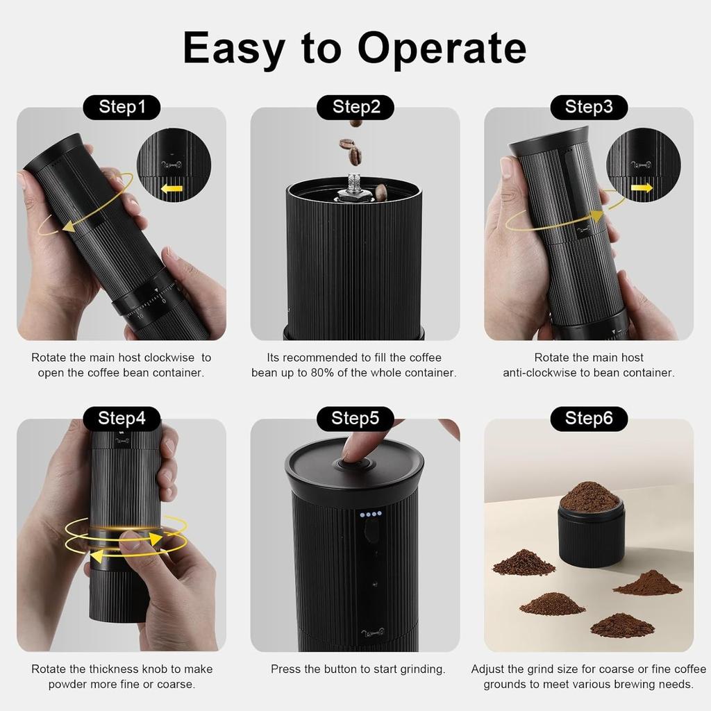 Bärbar elektrisk uppladdningsbar kaffebönkvarn med koniskt justerbart inställningssystem i rostfritt stål, kvarn med ett klick