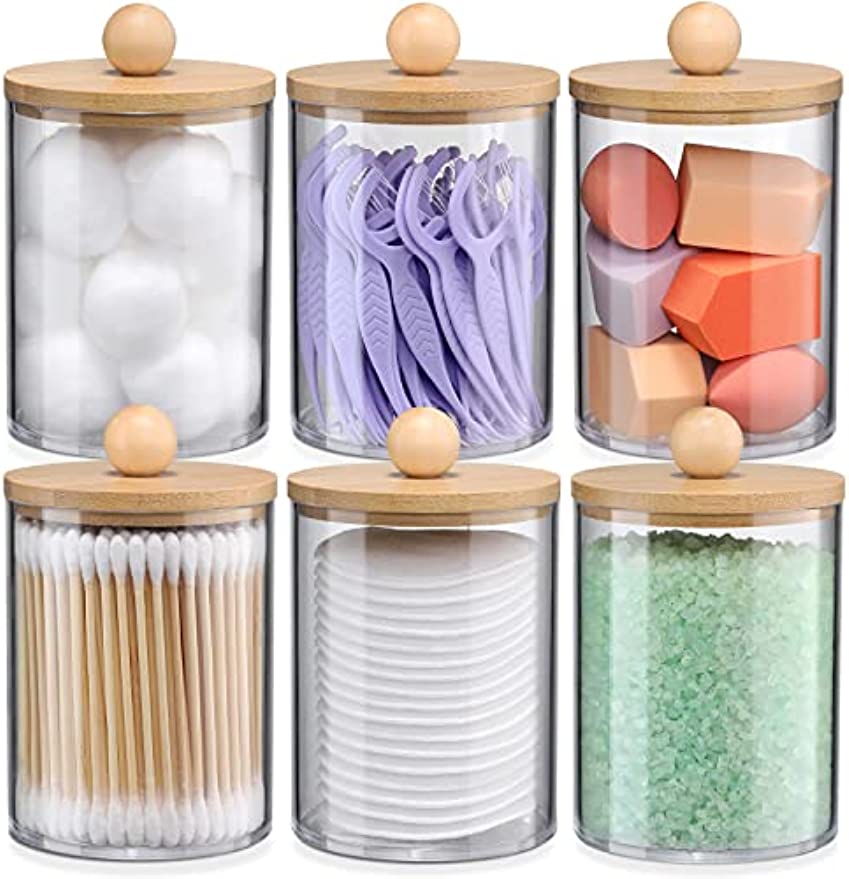 

6Pack Qtip Holder Dispenser Set с бамбуковыми крышками, аксессуарами для канистры для ванной комнаты, органайзером для хранения, прозрачным пластиковым аптекарем