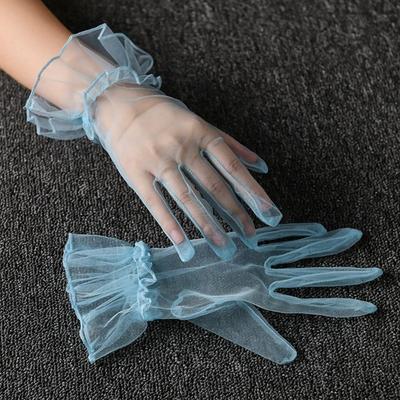 Women's Ruffled Tulle Mesh Gloves - Wedding & Bridal Short Tea Party Wrist Length Gloves Short Prom Evening Gloves