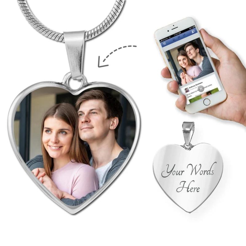 Amaxer Personalisierte Herzfarbe Foto Halskette Benutzerdefinierte Bild Text Gravur Runde Form Edelstahl Anhänger Schmuck Geschenk
