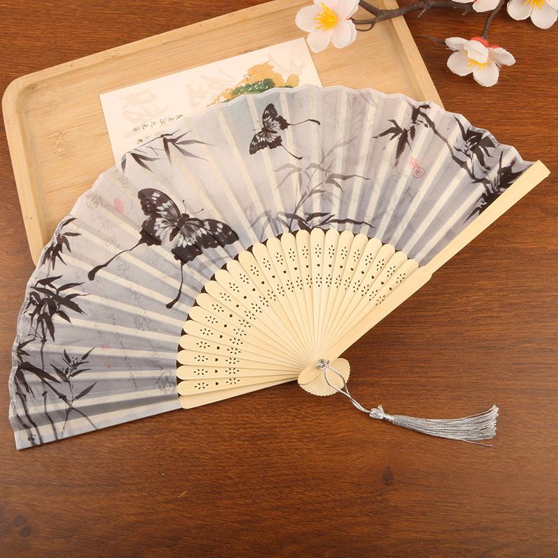 1pc Chinese Style Bamboo Folding Fan Butterfly Pattern Hand Fan With Tassel For Wedding Dance Party Home Decor
