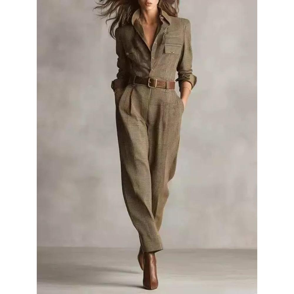 Damen Umlegekragen Langarm Figurbetont Kariert Jumpsuit Mit Gürtel Hohe Taille Gerade Hosen Lässig Herbst Tägliche Kleidung Strampler Outfit M gray