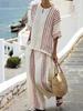 European & American Style Women's 2-Piece Set: Striped Short Sleeve Linen Cotton Top with Round Neck & Casual Pants, 2025