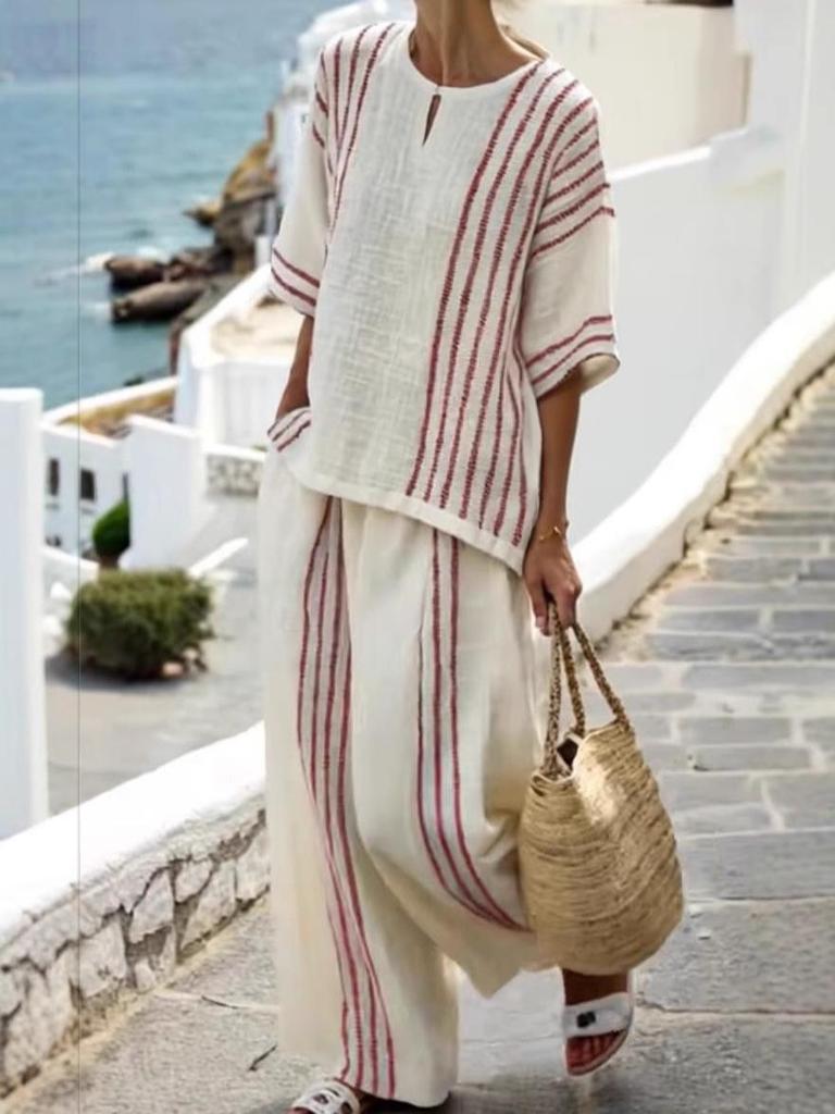 European & American Style Women's 2-Piece Set: Striped Short Sleeve Linen Cotton Top with Round Neck & Casual Pants, 2025