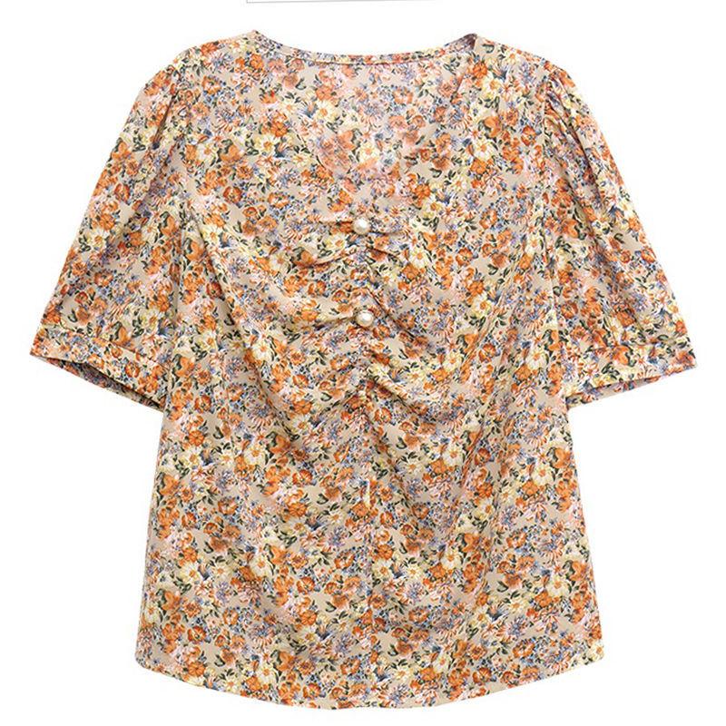 Floral Short Sleeve Chiffon Shirt for Women's Summer New Korean Version Top Loose V Neck Print Bottoming Blouse M-3XL