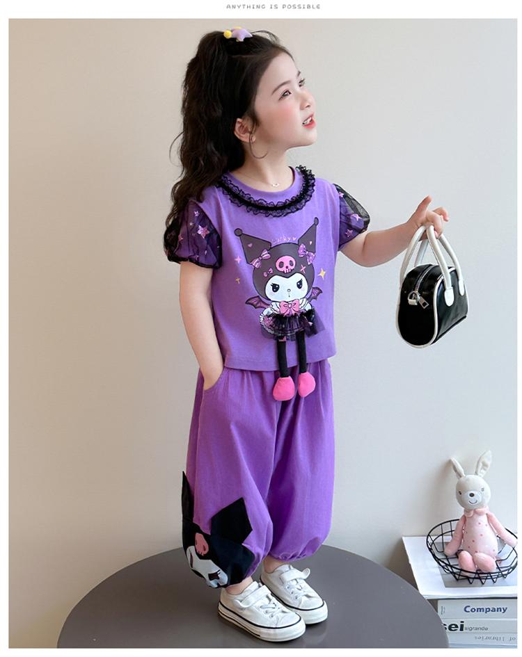 Girls' Kuromi Set Summer 2026 New Children's Lace Short Sleeve Summer Set for Girls' Baby Casual Two Piece Set