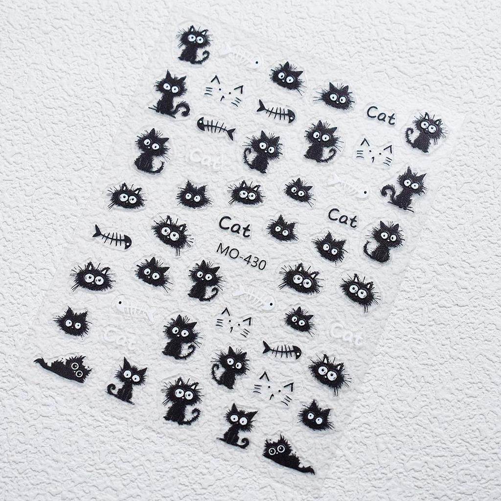 Cute Cat & Fishbone Nail Stickers - Frizzy Kitten Embossed Design