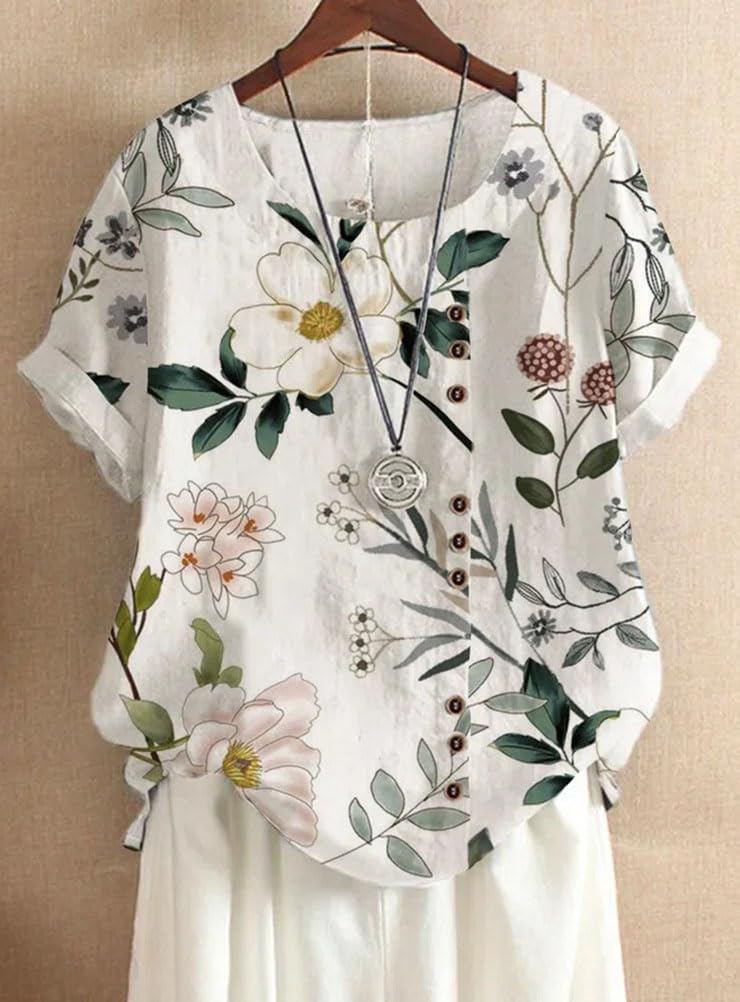 Floral Blouse Shirt Blouse Tops Short Sleeve Crew Neck Button Summer Large Size [MaxWant] Women's (JP, Alphabet, L, White)