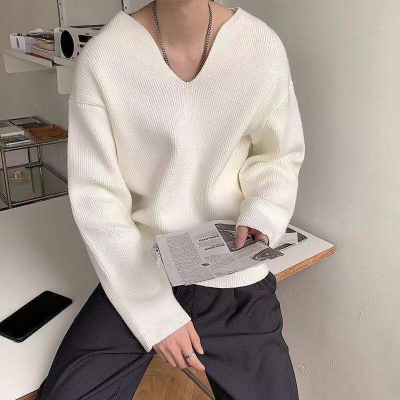 Men s High-End Loose French Knit V-Neck Sweater with Cutout Collar XL