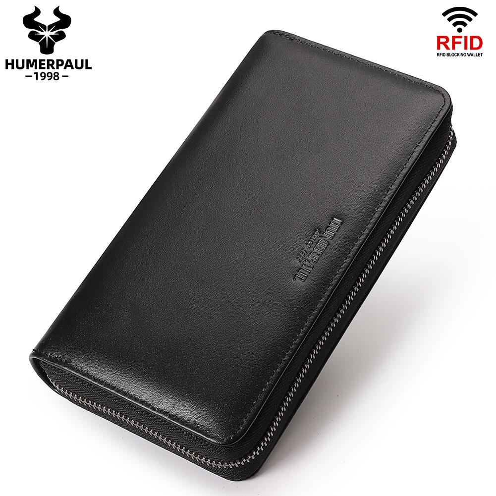 HUMERPAUL Men wallet, first layer cowhide clutch, large-capacity horizontal zipper, concealed pocket чёрный
