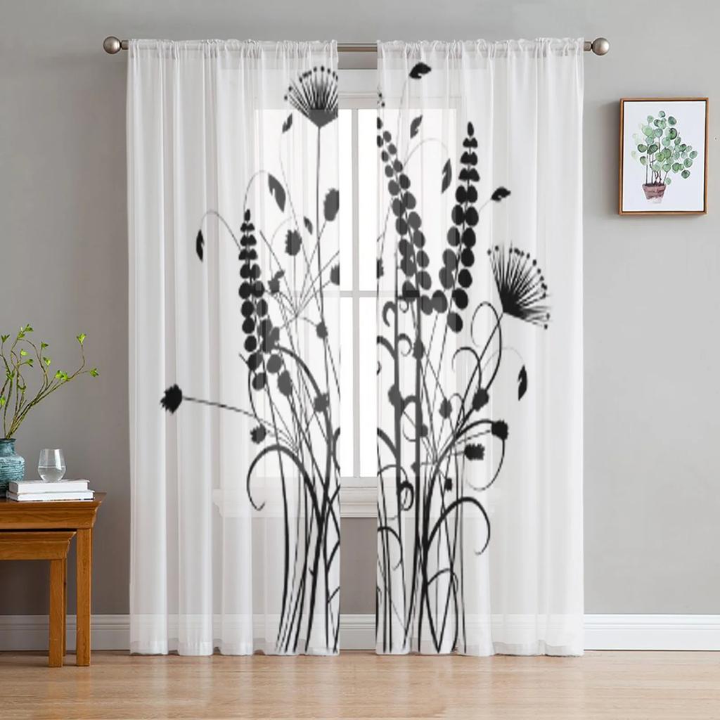 Florale abstrakte schwarz-weiße Tüllvorhänge für Wohnzimmer, durchsichtiger Vorhang, Schlafzimmer, Schleier, Organza, dekorative Fensterdekorationen