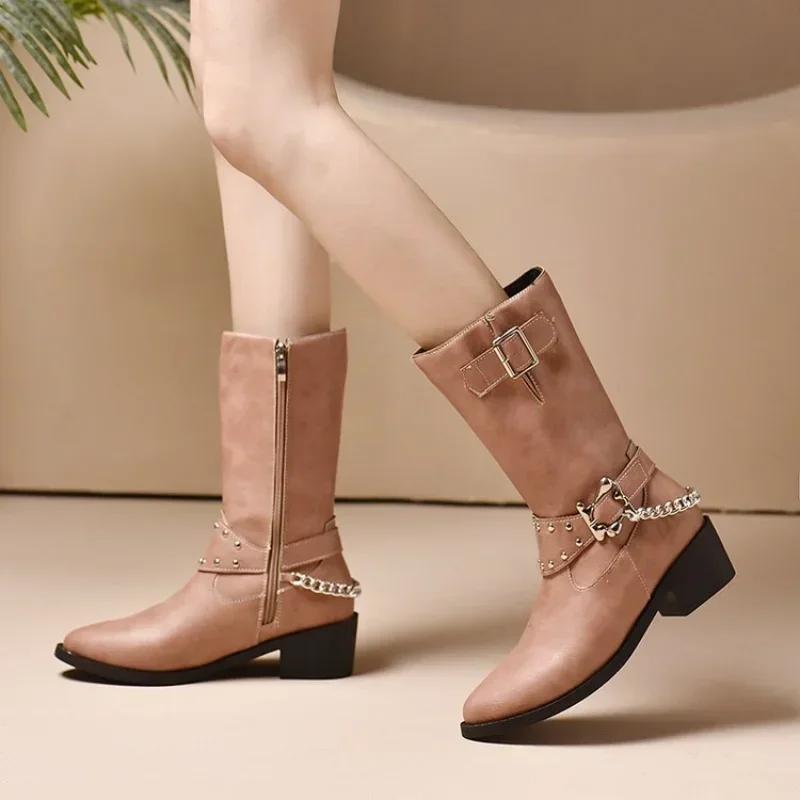 Módní boty s přezkou do půli lýtek pro ženy Západní kovbojské boty na silném podpatku PU kůže Punk gotické boty Moto boty 2024