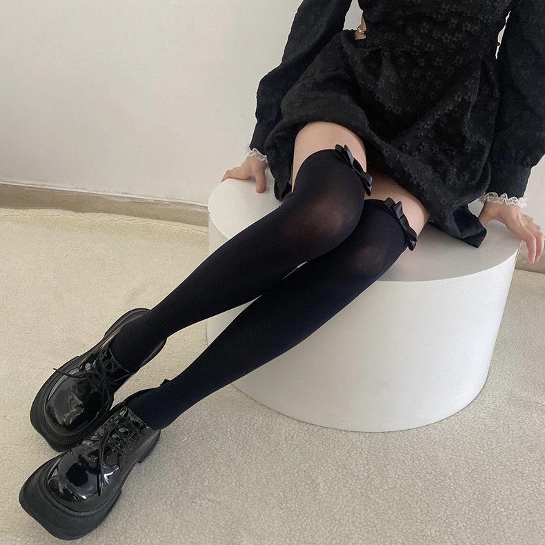Ballet-style spring/summer velvet socks jk Solid color mid-calf socks lolita Over-the-knee socks with bow ties and stacked calf socks
