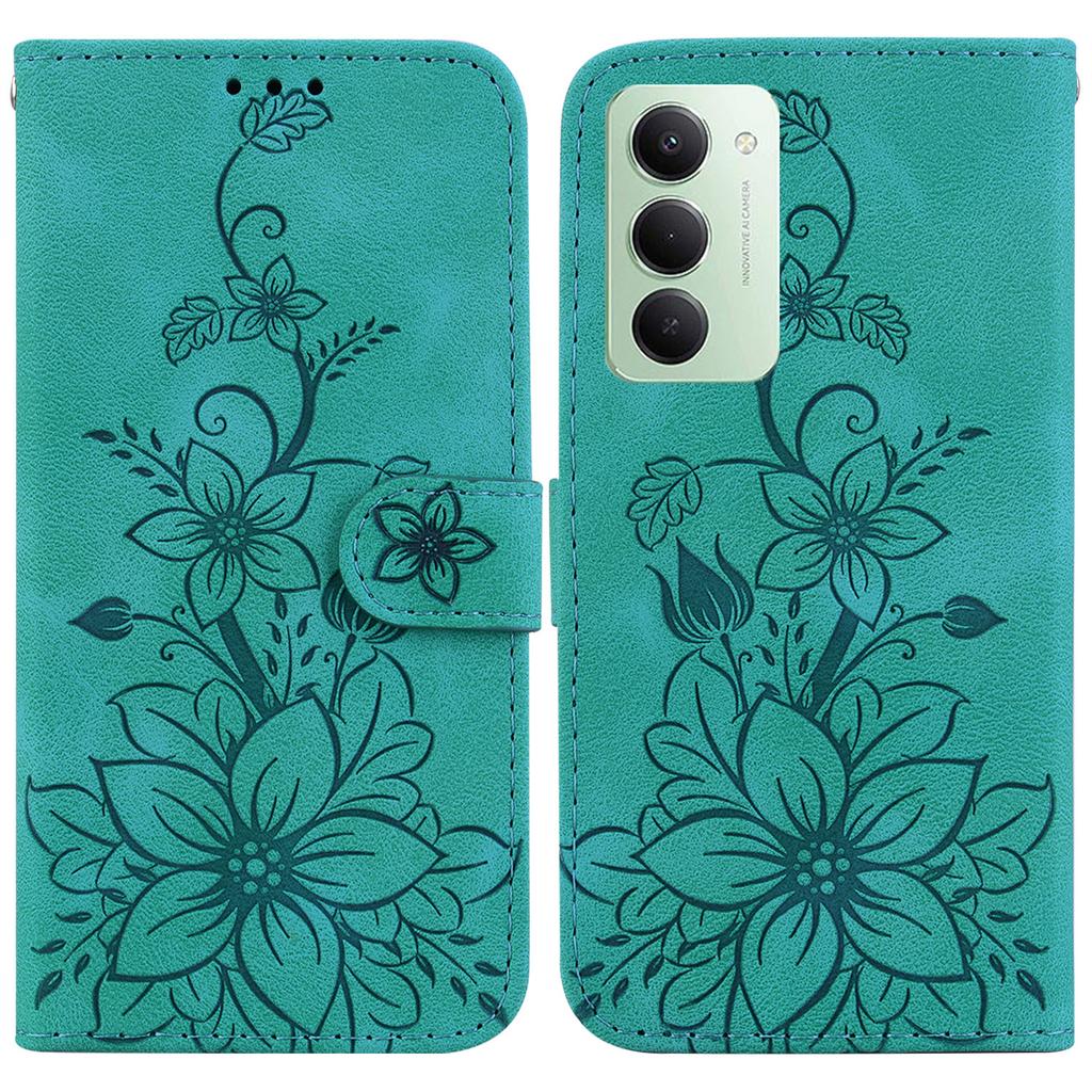 For Xiaomi Redmi 15 4G (EU) (171mm) Stand Case Lily Flower Imprint Leather Phone Cover with Wrist Strap