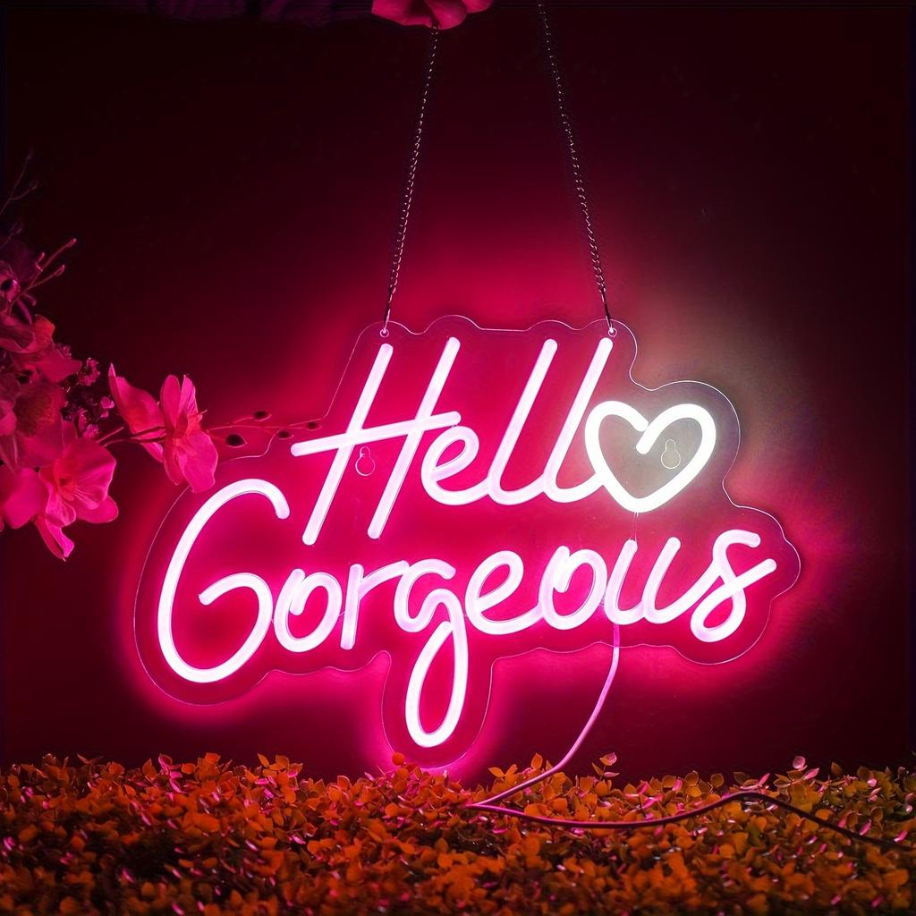 Hello Gorgeous Neon Sign Pink Led Neon Light Letters Heart Decorative Wall Lights for Girls Room Wedding Anniversary Engagement