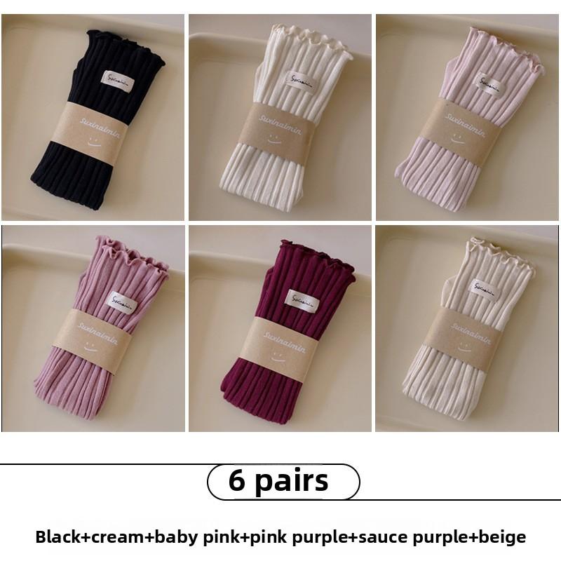 6 Pairs of Female Spring and Autumn New Sweet Wooden Ear Edge Suction Sweat Vertical Tube Stack Socks