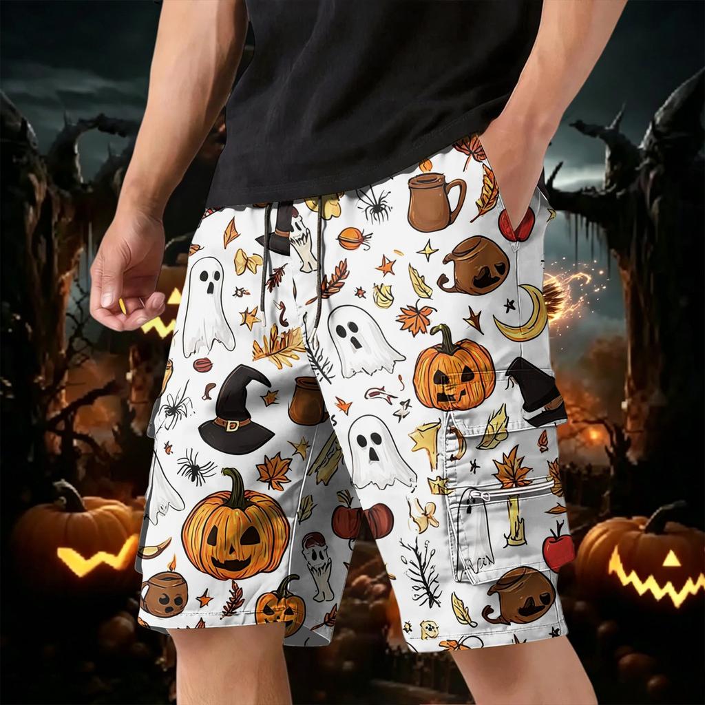 Men's Halloween Cargo Shorts Multi Pocket Drawstring Waist Casual Workwear Shorts with Zippered and Flap Pockets for Outdoor Activities