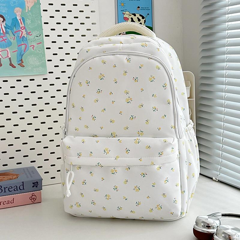 Minimalist Nylon Student Backpack With Geometric Pattern And Floral Details For Daily Use