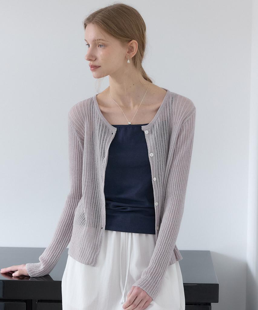 OURHOPE Linen Round Neck Ribbed Cardigan - Melange Grey