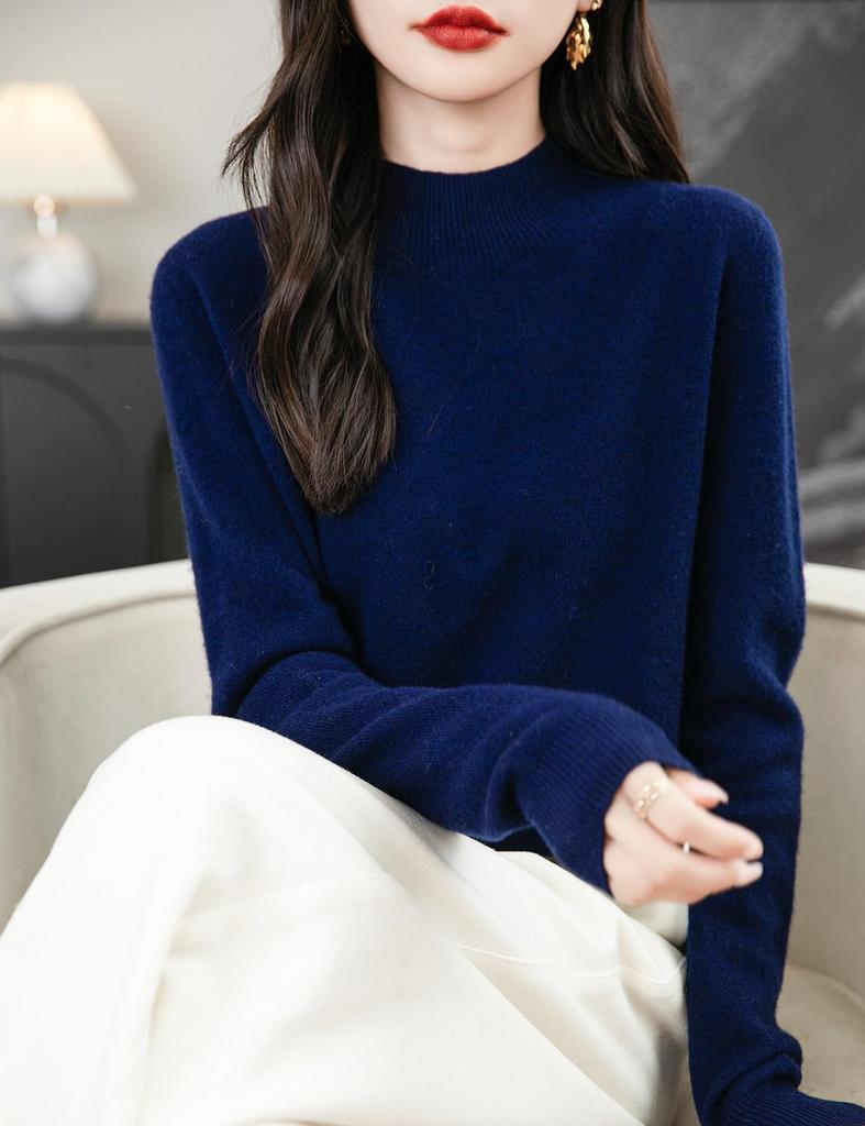 Yokbeer Merino Wool Seamless Mock First Long Knit Pullover Top for Women's 100% Sweater, Neck, Line, Ready-to-Wear, Sleeve, Cashmere-Like Fall/Winter