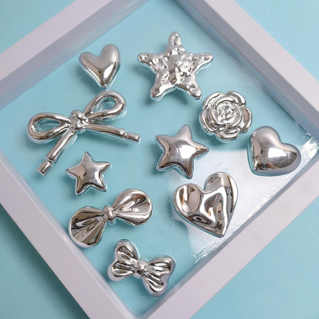 100Pcs Silver Color Heart Bowknot Star Flatback Cabochons for Hairpin Scrapbooking DIY Jewelry Craft Decoration Accessories
