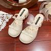 Summer JX New Mid-heeled Slippers Women's Bow Temperament Gentle Floral Bag Head Half Drag
