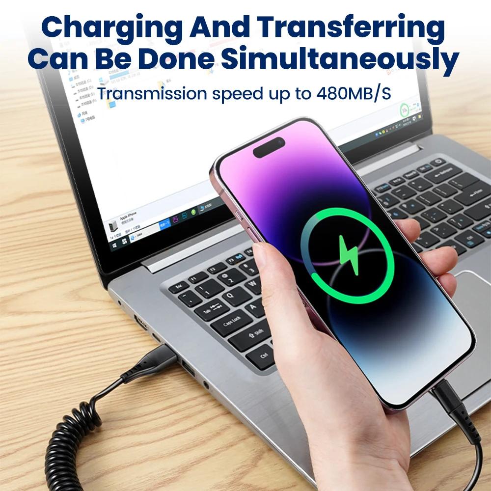 120W Car Spring Cable USB Type C Fast Charging Micro USB Cable For iPhone 16 15 Samsung Xiaomi  Quick Charger 3.0