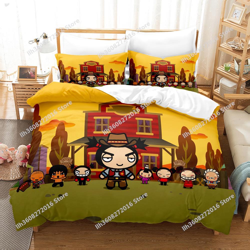 Kawaii Pucca Bedding Set Single Twin Full Queen King Size Bed Set Adult Kid Bedroom Duvetcover Sets 3D Print Anime Bed Sheet Set