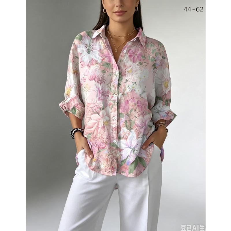 Spring and autumn elegant long-sleeve shirt, printed lapel button-up cardigan women's top