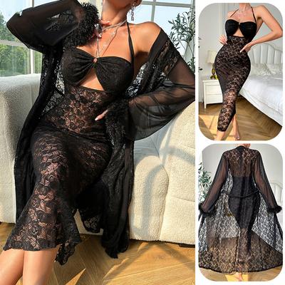 Mulheres Manga Longa Renda Sheer Lingerie com Halter Neck Vestido Robe Set