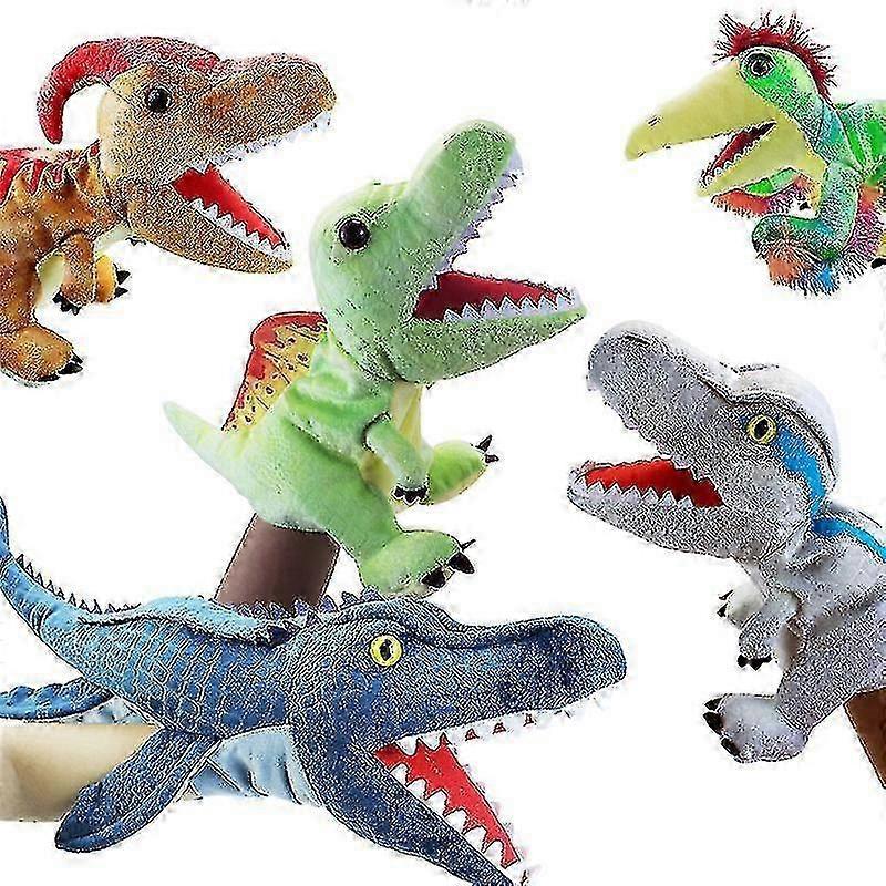Cartoon open-mouthed Tyrannosaurus Rex hand puppet, interactive dinosaur plush toy for toddlers, Aetosaurus
