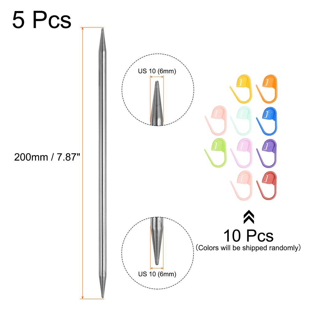 5Pcs US 3-6.5mm Double Pointed Knitting Needle 7.87 Inches Length Sweater Stitching Needles with 10 Stitch Marker