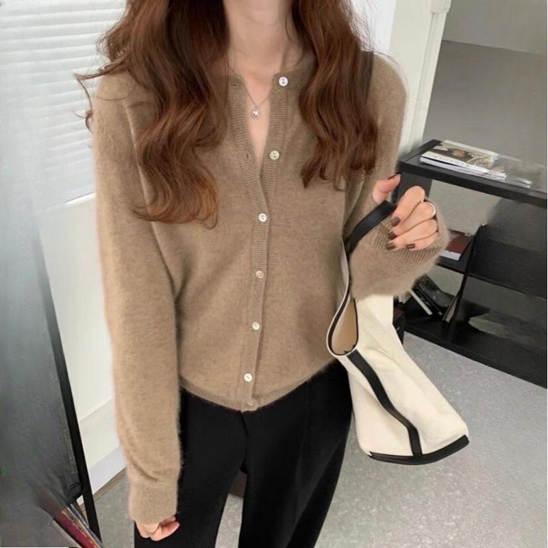 Spring Autumn Crew Neck Purple Short Knit Cardigan Loose Outer Wear Sweater Coat for Women