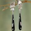 Retro Chinese Style Inlay Zircon Sliver Color Fan Black Water Droplet Long Tassel Dangle Earrings for Women Temperament Jewelry