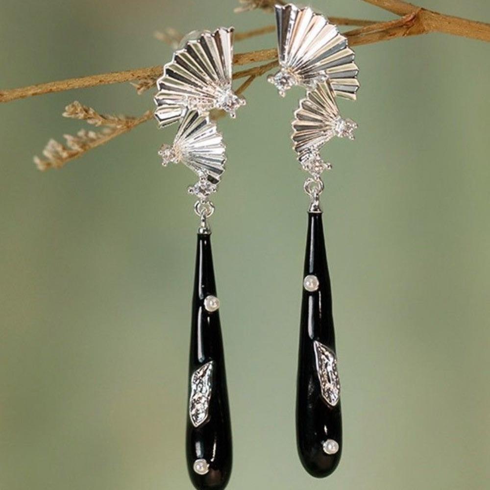 Retro Chinese Style Inlay Zircon Sliver Color Fan Black Water Droplet Long Tassel Dangle Earrings for Women Temperament Jewelry