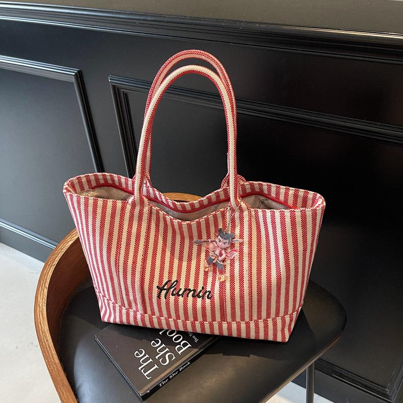 ins wind striped canvas handbag women's 2025 spring and summer large capacity tote bag shoulder bag travel bag