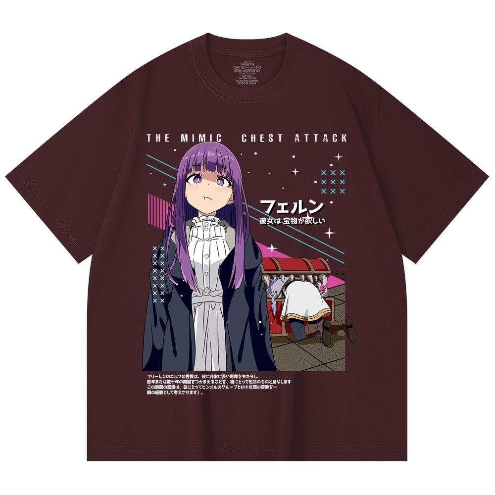 

230 Gsm 100% Cotton Frieren V2 Mimic Chest Attack Print Unisex Heavy Cotton T Shirt 2XL вина червоного кольору