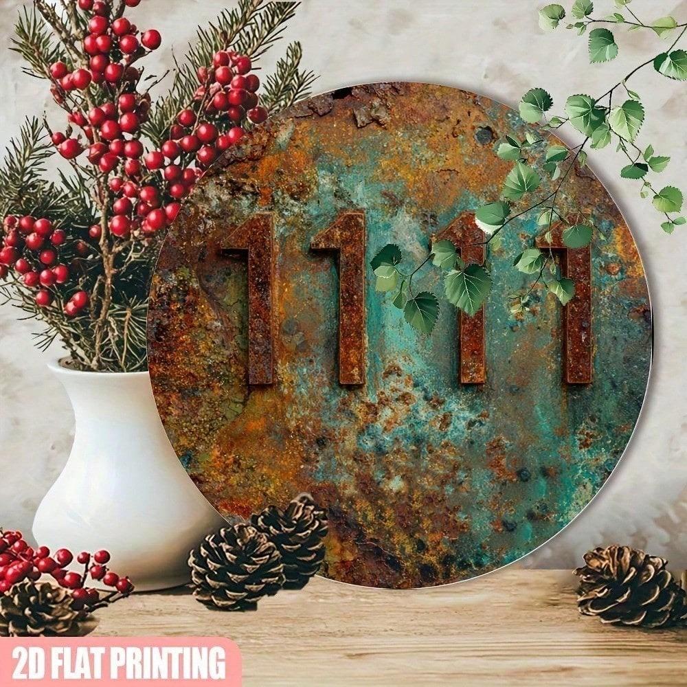 Vintage Industrial Aluminum Wall Art Decor 8x8 Inch Round Hanging Sign Rustic Teal Brown Metallic Finish for Home Office