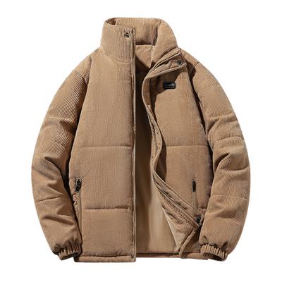 Winter Cotton Coat Stand Collar Thick Padded Windproof Warm Solid Color Long Sleeve Pockets Elastic Cuff Zipper Closure Mid Length Men Down Coat