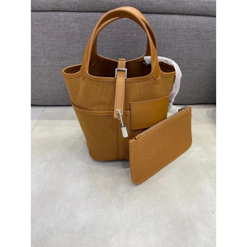 Chic Versatile Bucket Tote Bag Canvas Swift Leather Blend Single Shoulder Handbag Women