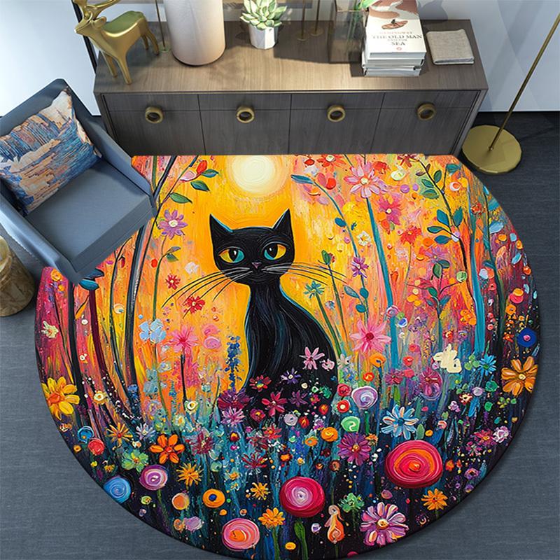 Black Cat in Flowers Round Area Rug,Carpet Rug for Living Room Bedroom Sofa Playroom Decor,Non-slip Floor Mat