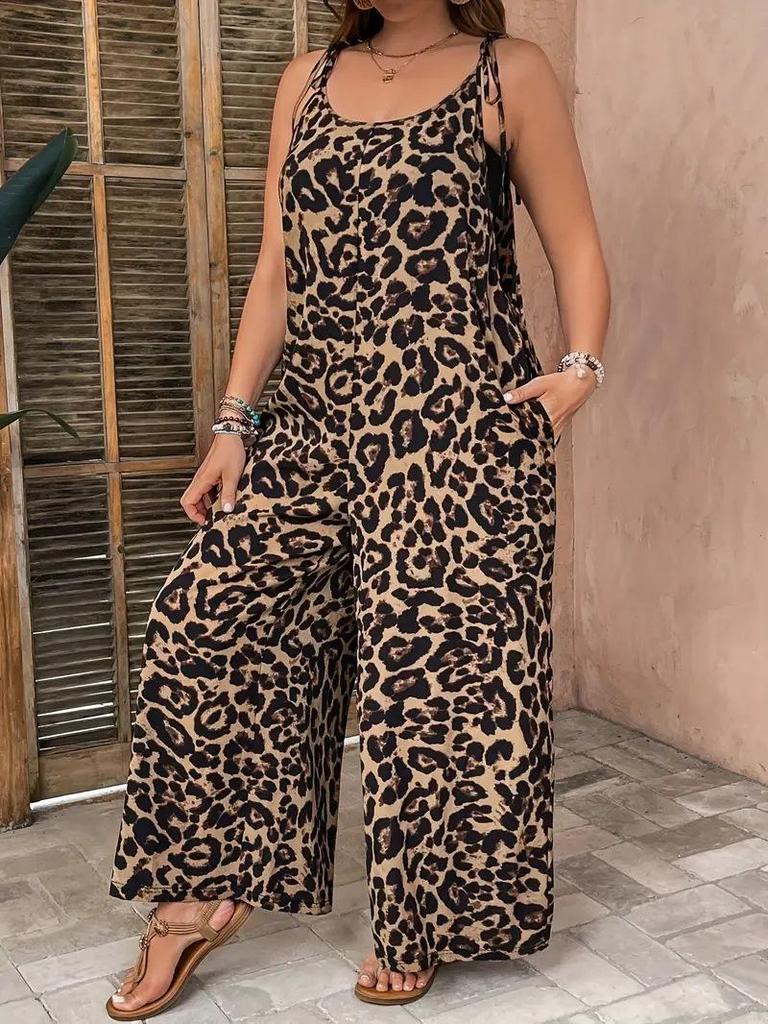 Chic Leopard Print Jumpsuit with Pockets: Casual, Loose, Thin Straps, Perfect for Spring/Summer/Autumn