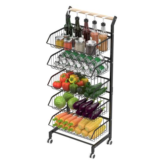 Fruit Vegetable Basket, 5-Tier Adjustable Rolling Pantry Kitchen Cart On Wheels, Metal Wire Storage Basket Cart for Fruit, Potato, Onion, Vegetable,