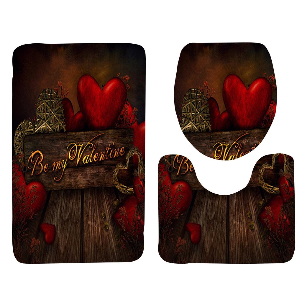Rose Petal Series Printed Toilet Floor Mat Three-piece Bathroom Slip Carpet Set