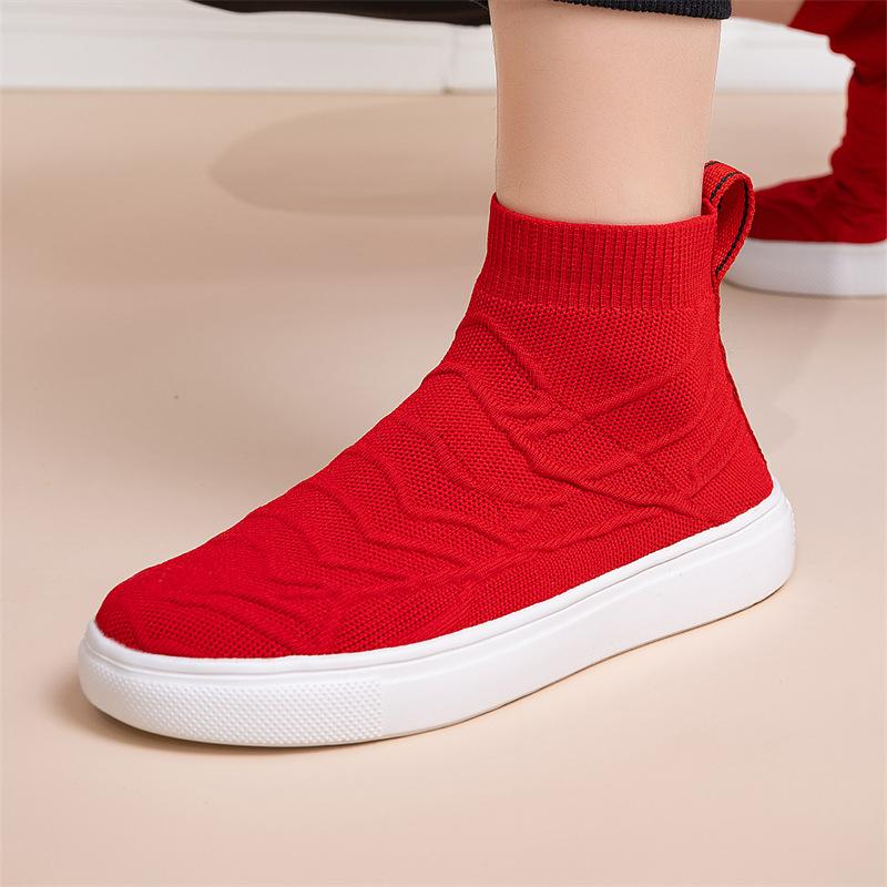 

A55 Men s Women s High Top Fly Woven Shoes Socks Sets Foot Mesh Fabric Fashionable Board Sports Leisure Plus Size Trendy 39 красный